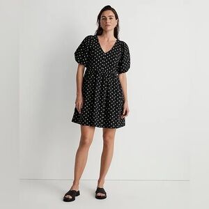 NWT Madewell V-Neck Puff-Sleeve Mini Dress in Floral Ikat - Medium - Black